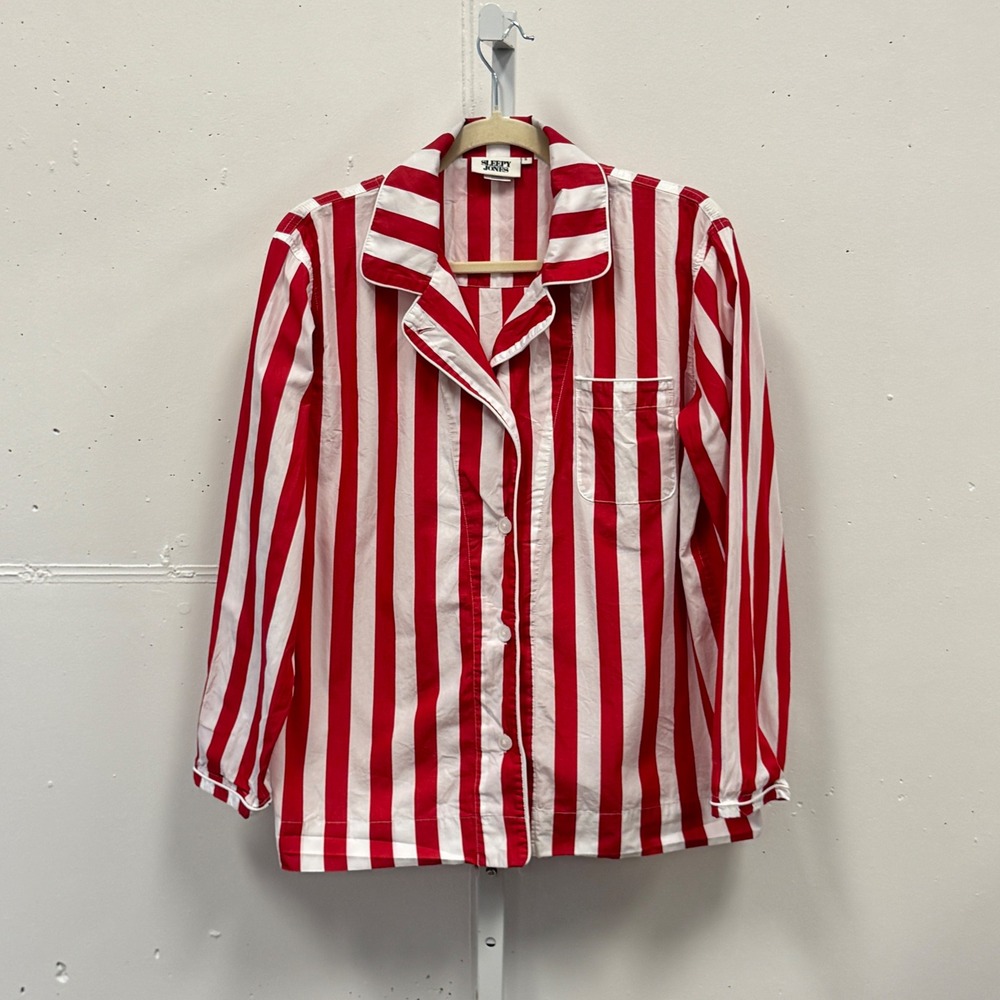 Sleepy Jones Red White Striped Pajama Shirt Cotton Long Sleeve Top Small Lounge